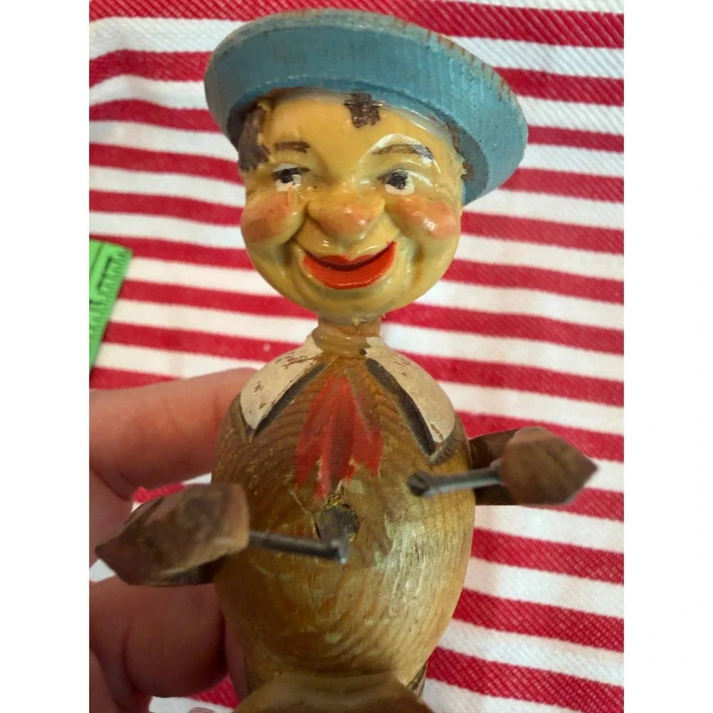 Vintage Hand Carved Wood Mechanical Drummer Bottle Stopper Anri Style Folk Art
